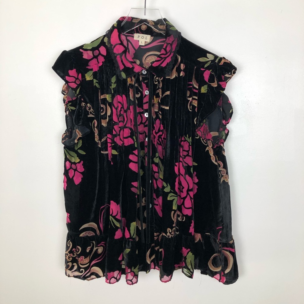 POL Pleated Baby Doll Cap Sleeve Top Velvet Large